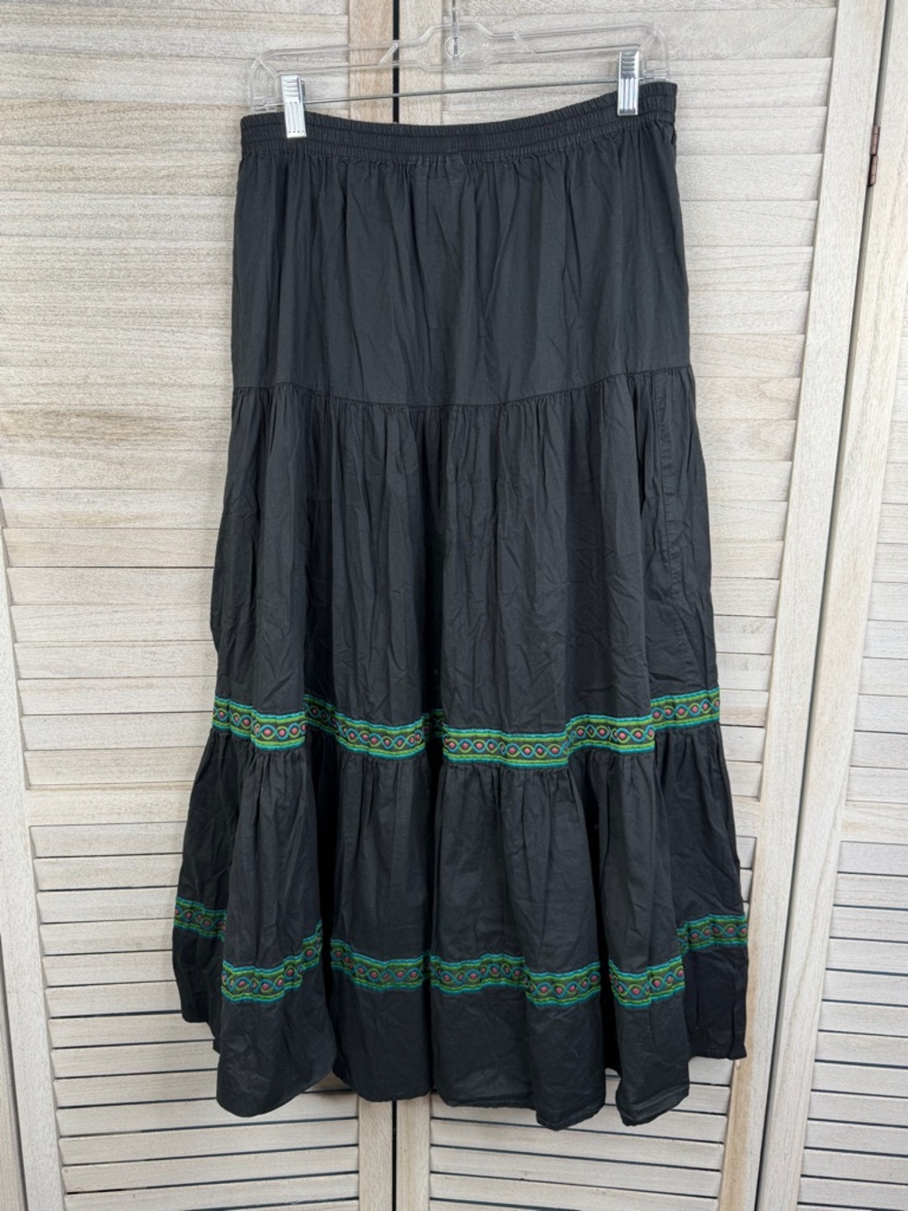 MIRASOL Black Pull On Crinkle Midi Skirt Tiered Boho Peasant Western Prairie-M - Picture 2 of 3